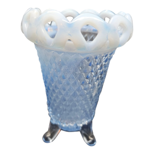 Vintage Imperial Glass Laced Edge Diamond Cut Blue Opalescent Footed Vase 5"Tall