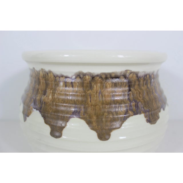 Vintage Handmade Indoor Pottery Planter With Drip Glaze Cream With Brown Purple Glaze For Sale - Image 6 of 7