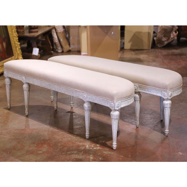 Pair of 19th Century Louis XVI Painted Upholstered Benches With Rounded Corners For Sale - Image 10 of 11