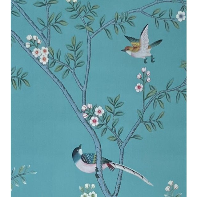 Early 21st Century Chinoiserie Style Hand-Painted Wallpaper, Turquoise Floral & Bird Mural, Wall Panels for Living Spaces For Sale - Image 5 of 9