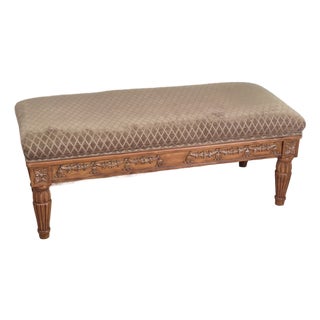 2000s Oversized French Country Style Carved Birch Upholstered Bench or Ottoman For Sale