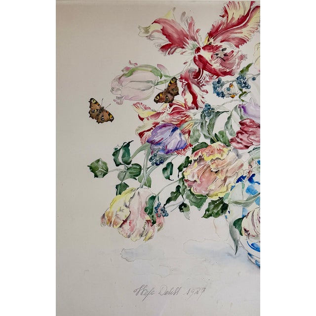 Modern Large Floral Still Life Watercolor Painting With Butterflies, 1989, Modern Frame For Sale - Image 3 of 18