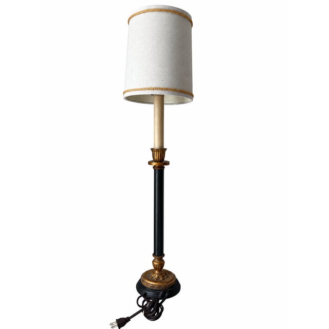 Hollywood Regency Black and Gold Neoclassical Candlestick Table Lamp With Braided-Trim Shade For Sale - Image 3 of 11