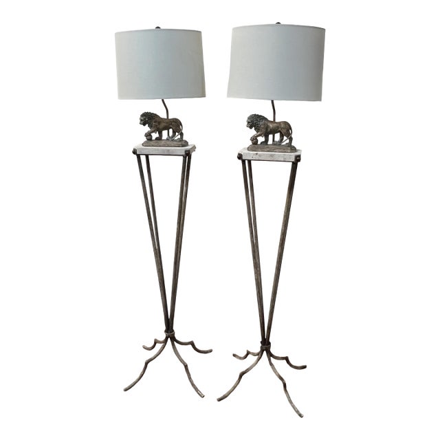 Mid Century Modern Floor Lamp Lion and Marble Motif For Sale