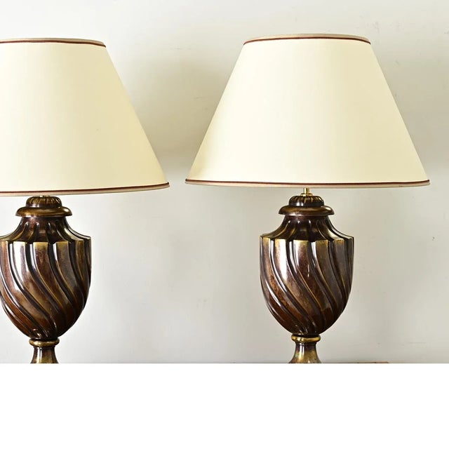 Mid 20th Century French Pair of Vintage Heavy Brass Urn Table Lamps For Sale - Image 5 of 12