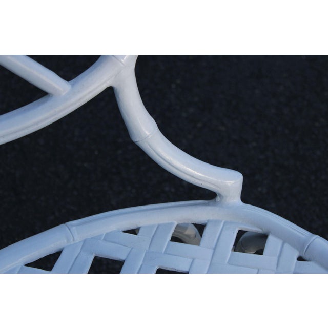 White Faux Bamboo Vintage Set Of Four Cast Aluminum Patio Garden Dining Chairs For Sale - Image 8 of 12