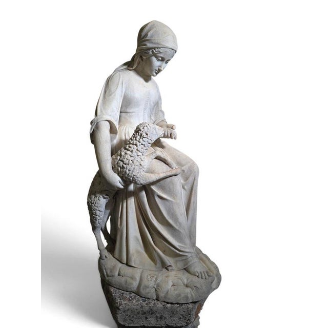 19th Century Sculpture of a Shepherdess with Lamb, 1874, Marble For Sale - Image 6 of 13