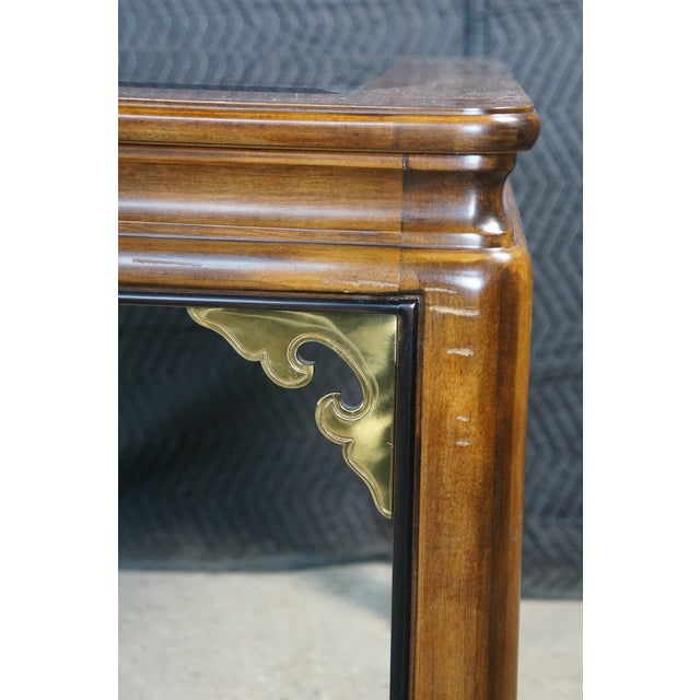 Mid Century Chinoiserie Matchbook Walnut Brass & Glass Extendable Dining Table For Sale - Image 4 of 15