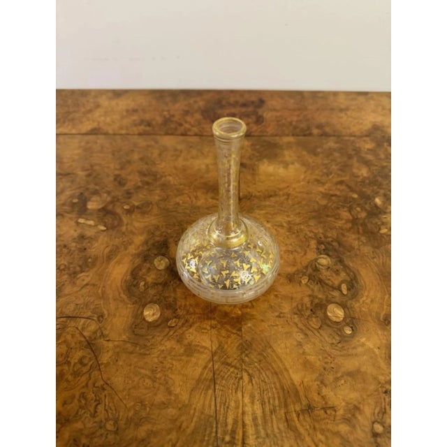 Pretty pair of French antique gilt decorated bottles, having a bulbous shaped body with a Greek key border surrounded by...