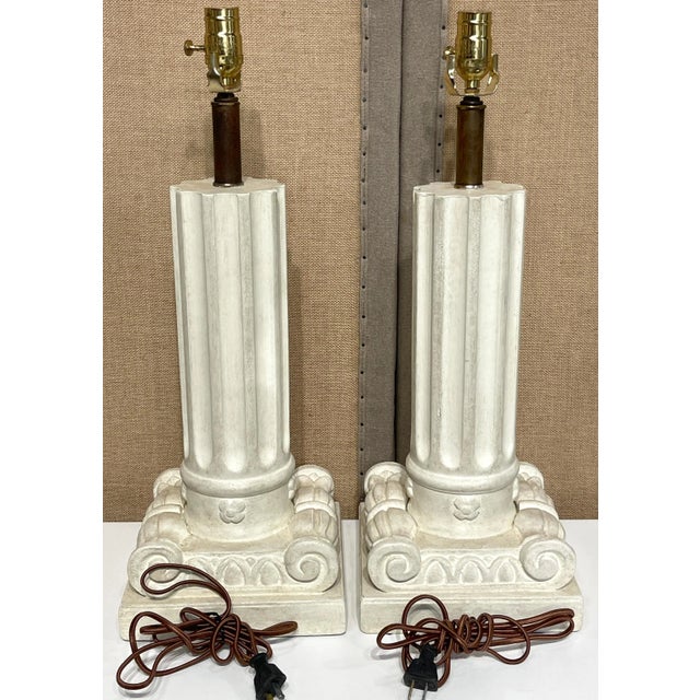 French Modern Serge Roche Style Wood & Plaster Inverted Column Lamps - a Pair For Sale - Image 6 of 8