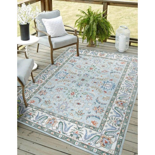 Sky Blue 8x10 Hand-Knotted Wool Floral Sky Blue Classic Traditional Modern Carpet Rug For Sale - Image 8 of 8