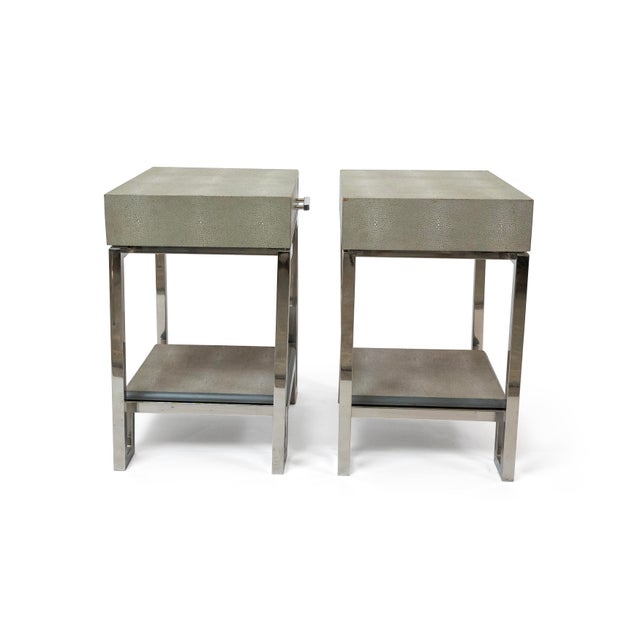 Mid-Century Modern 1990s Pair of Gray Faux Shagreen Silver Frame Side Table by Andrew Martin For Sale - Image 3 of 9