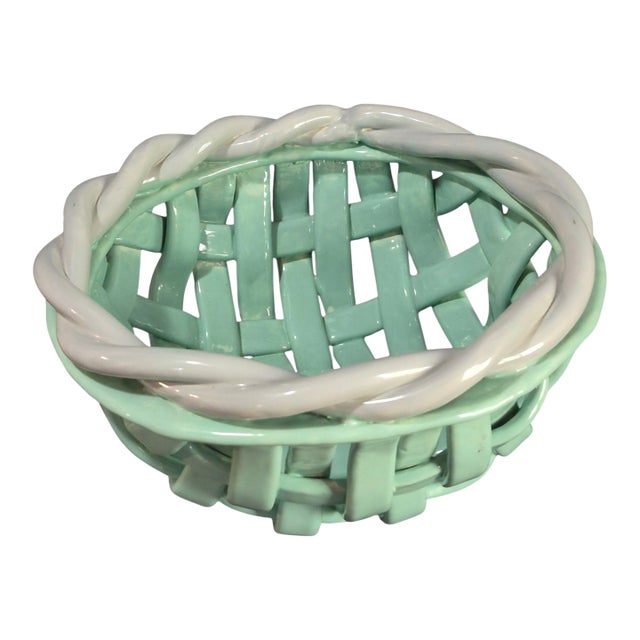 Late 20th Century Italian Majolica Glazed Ceramic Open Weave Teal & White Decorative Basket For Sale