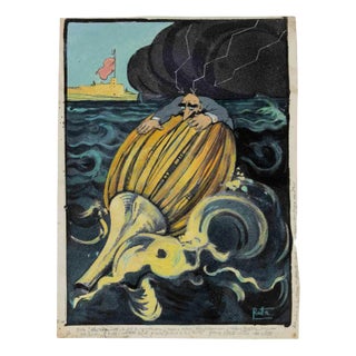 Gabriele Galantara, A Bottle in the Sea, Mixed Media Drawing, Early 20th Century For Sale