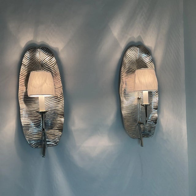 Metal Set of 2 Modern Silver Leaf Wall Sconces For Sale - Image 7 of 12
