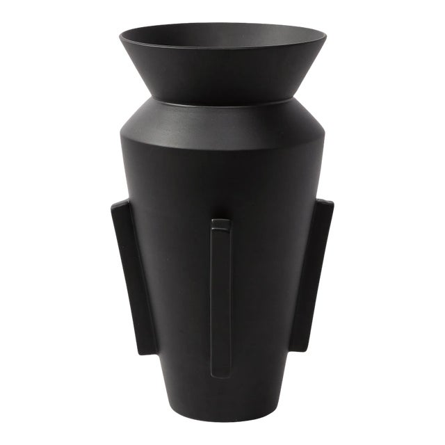 Late 20th Century Modernist Tall Charcoal Urn Form Ceramic Vase With Rectilinear Detailing For Sale