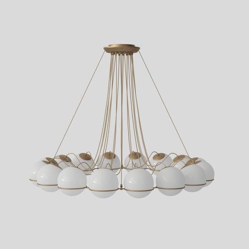 Model 2109 design by gino sarfatti the le sfere chandelier is composed of a circular array of blown opaline glass spheres....