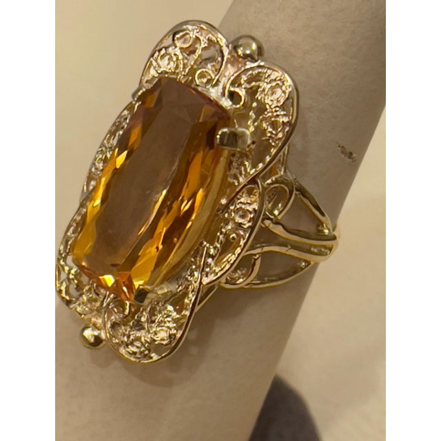 Approximately 6 Carat Natural Very long Cushion shape Citrine Cocktail Ring in 14 Karat Yellow Gold, Estate , Size 6.5...