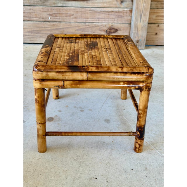 Wood Vintage British Colonial Coastal Scorched Bamboo Stool or Decorative Accent Table For Sale - Image 7 of 11
