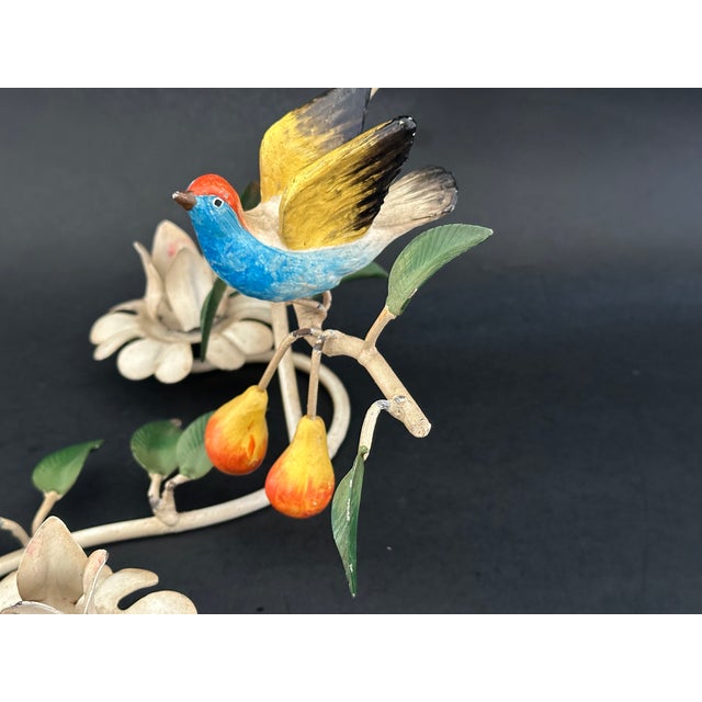 Metal Italian Tole Candle Holder With Blue Bird and Pears For Sale - Image 7 of 17