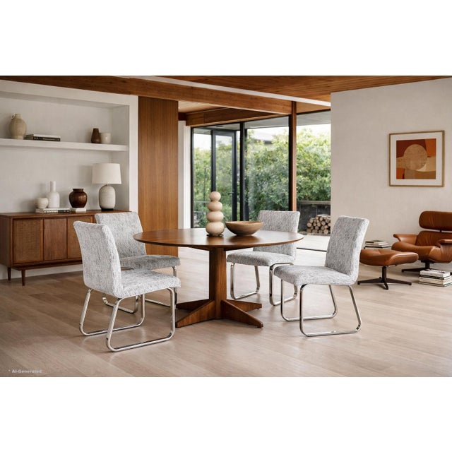 Elevate your dining space with this striking set of vintage chrome dining chairs by the Design Institute of America (DIA),...