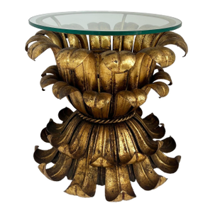 Mid-Century Italian Hollywood Regency Gilt Tole Side Table With Glass Top