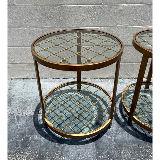 Mid 20th Century Vintage MCM Beaded Lattice Brass Tone Two Tier Side Tables - Pair For Sale - Image 5 of 9
