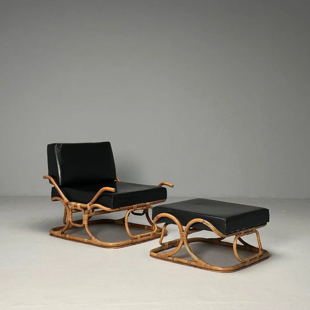 ISA Ponte San Pietro, Italian Mid-Century Modern, Armchair, Ottoman, Rattan This lounge chair and ottoman set, designed by...
