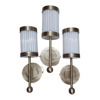 Vintage Skyscraper Art Deco Light Old Lamp Wall Sconces Fixture Brass & Milk Glass Rod Ship Light - Set of 3 For Sale