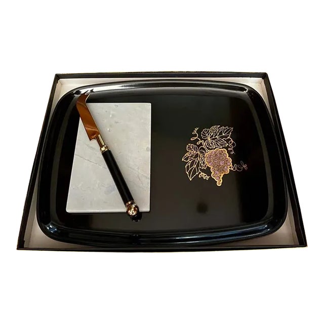 Mid 20th Century Mid-Century Couroc of Monterey Wine Grape Tray With Marble Cheese Board & Knife- 3 Pieces For Sale