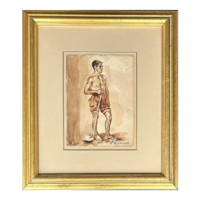 1940s Male Study Water Color Gouache Painting by Leopoldo Romañach For Sale