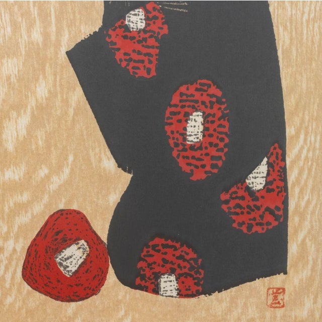 Kaoru Kawano "Girl and Red Camellia" Woodcut For Sale - Image 4 of 7