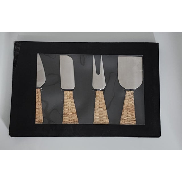 Artifacts Rattan Stainless-Steel Cheese Knives with Gift Box in Brown - Set of 4 For Sale - Image 4 of 5