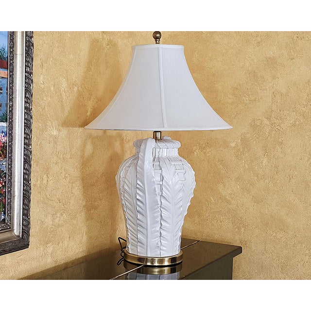 Vintage Paul Hanson Style White Ceramic Urn Table Lamp With Raised Botanical Relief Design For Sale - Image 14 of 18