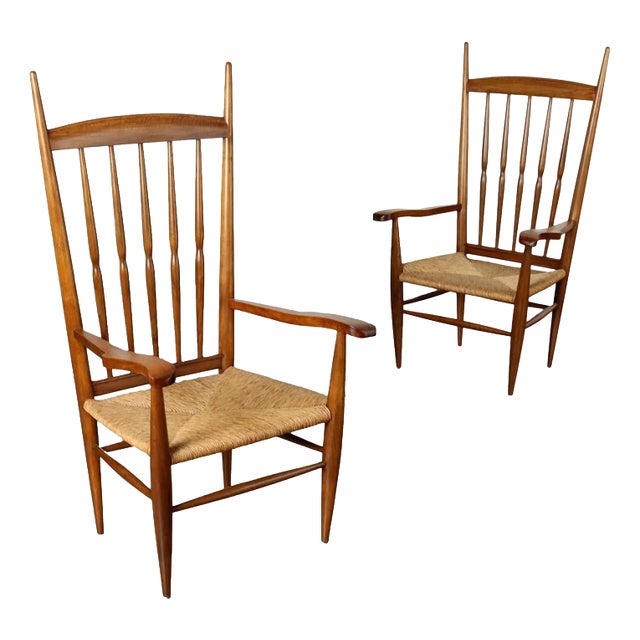 Vintage Beech and Straw Thrones, Italy, 1950s, Set of 2 For Sale