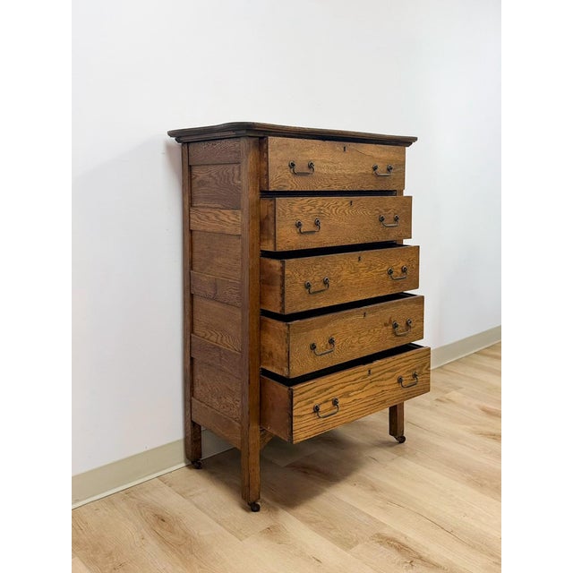 Brown Antique Oak Dresser Five Drawer Tallboy Chest of Drawers Bedroom Furniture For Sale - Image 8 of 10