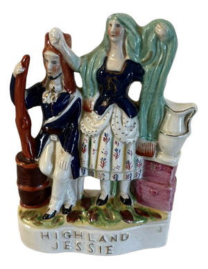Antique Victorian Staffordshire Pottery Highland Jessie Flatback Figure, 1900s