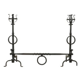 Large Vintage Pair of Iron Andirons. With a Cross Bar For Sale
