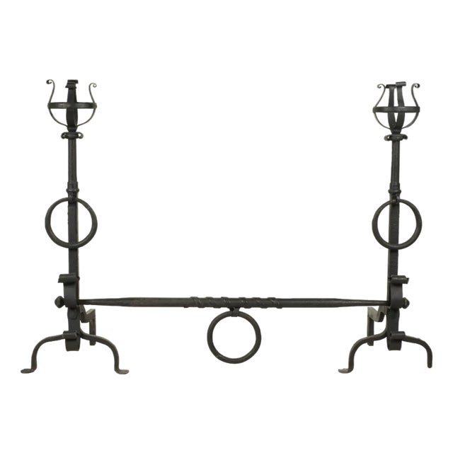 Large Vintage Pair of Iron Andirons. With a Cross Bar For Sale