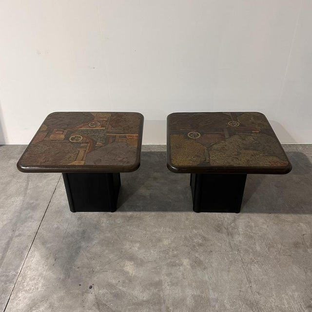 Vintage Side Tables with Sculptural Mosaic Slate Tops by E. Kneip, Set of 2 For Sale - Image 5 of 15