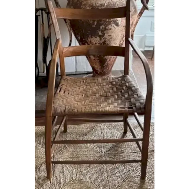 Wood Antique Primitive Bentwood Arm Ladder Back Chair With Original Woven Splint Seat For Sale - Image 7 of 10