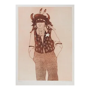 1980 Kevin Red Star Native American Crow Res Cop III Sepia Tone Etching