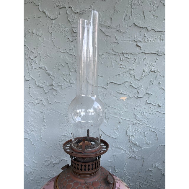 Pink Antique Victorian Electrified GWTW Oil Lamp With Hand-Painted Floral Double Glass Shades For Sale - Image 8 of 12
