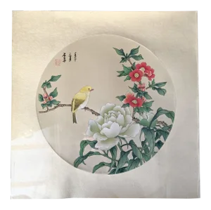 Late 20th Century Bird and Botanical Chinese Round Format Silk Painting on Embossed Textile Paper