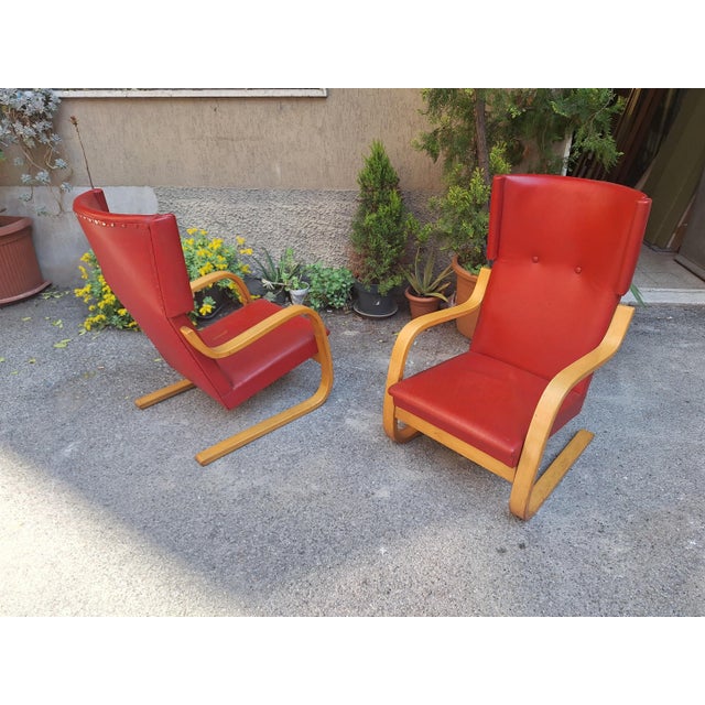 Model 36/401 Armchairs in Birch Wood and Leather by Alvar Aalto for Artek, 1960s, Set of 2, in Very Good conditions....