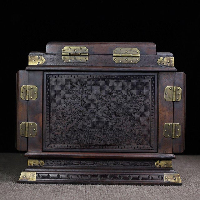 Gemstone 1970s Wood Jewelry Box With Dragon & Phoenix Carving and Gemstone Inlay For Sale - Image 7 of 10