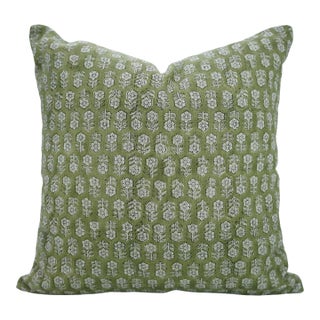 Fabdivine Handmade Block Print Floral Design Olive GreenTulsi Buti Printed Thick Linen Pillow Cover 16x16 Inches For Sale