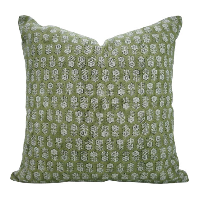 Fabdivine Handmade Block Print Floral Design Olive GreenTulsi Buti Printed Thick Linen Pillow Cover 16x16 Inches For Sale