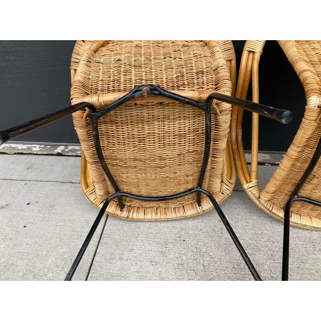 Mid 20th Century Mid-Century Modern Rattan & Wrought Iron Basket Hoop Chairs (Pair) For Sale - Image 5 of 15