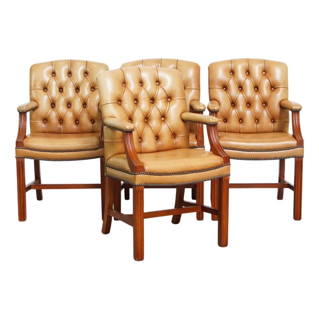 Chesterfield Dining or Conference Chairs in Light Cognac Cowhide Leather, Set of 4 For Sale